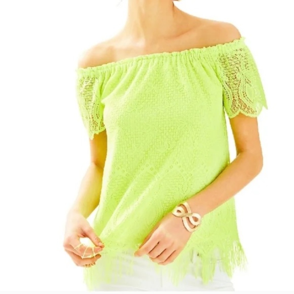 Lilly Pulitzer Marble Lace Top Off-Shoulder Loro Green XS